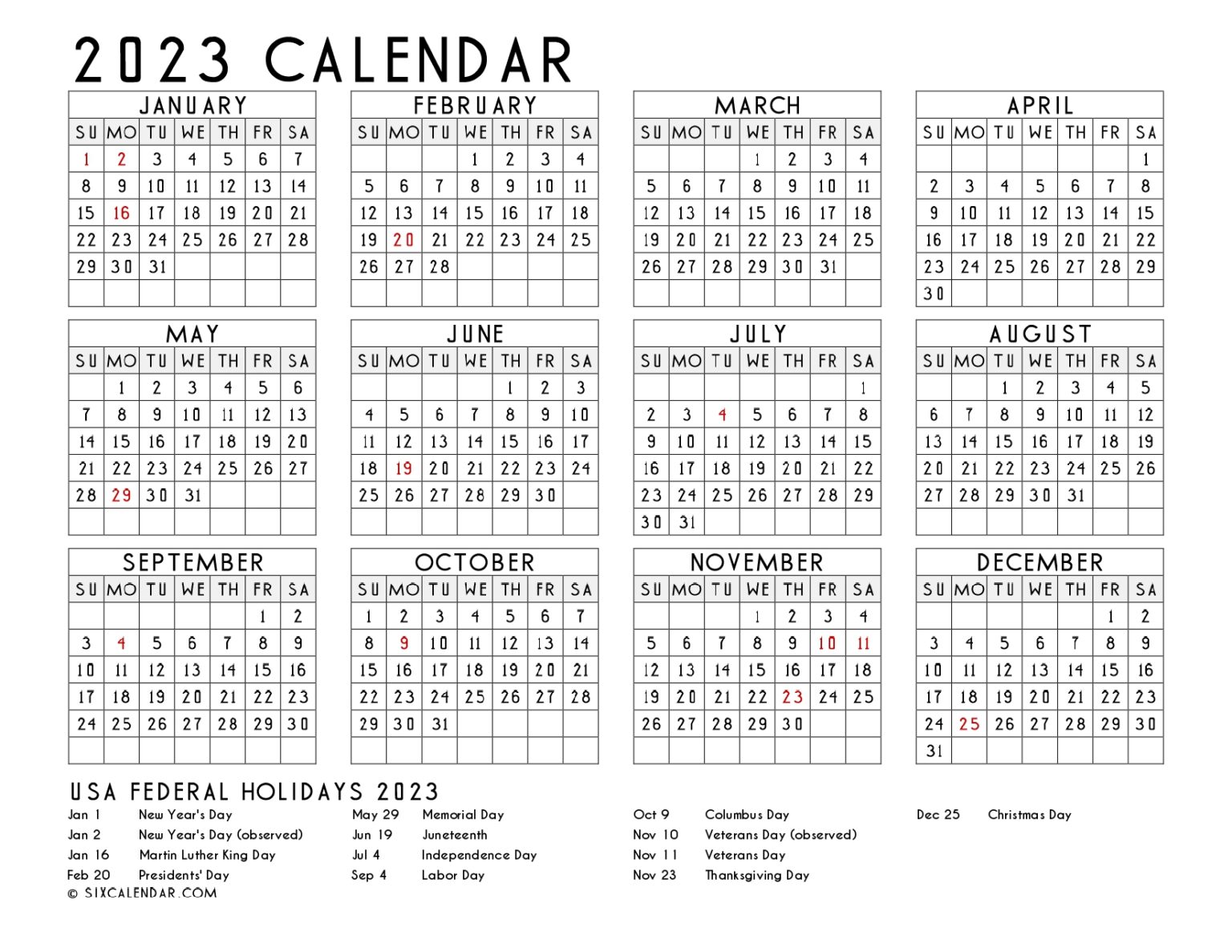 Printable Calendar 2023 One Page